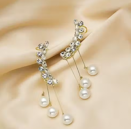 Korean Zircon Ear Cuff With Pearl Tassel Earrings 2Pcs Set