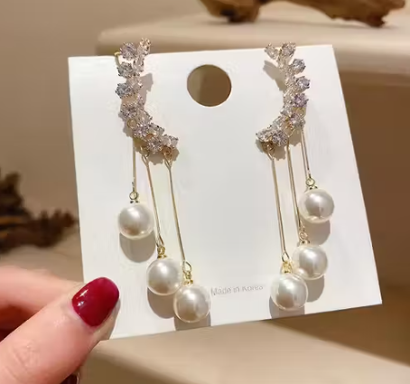 Korean Zircon Ear Cuff With Pearl Tassel Earrings 2Pcs Set