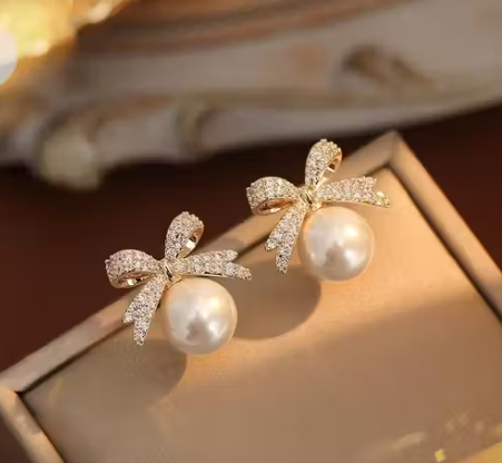 Korean Retro Bowknot Pearl Stud Earrings Jewelry
